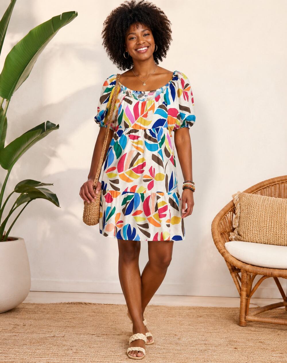 Tabitha Brown x Target XS Linen Blend Botanical Print Puff-Sleeve Mini Dress NWT